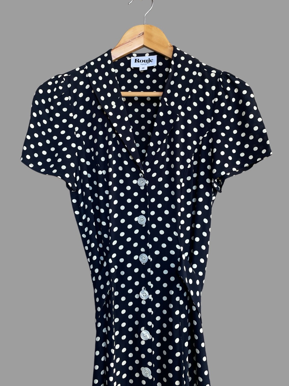 ROUJE Black & White Polka Dot Printed Retro Button Down Marin Midi Dress 36 2/4 - Picture 3 of 17